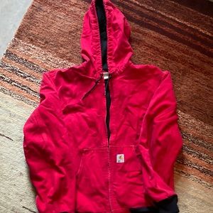 Red duck carharrt zip up jacket with hood. (Also has warm mesh material lining
